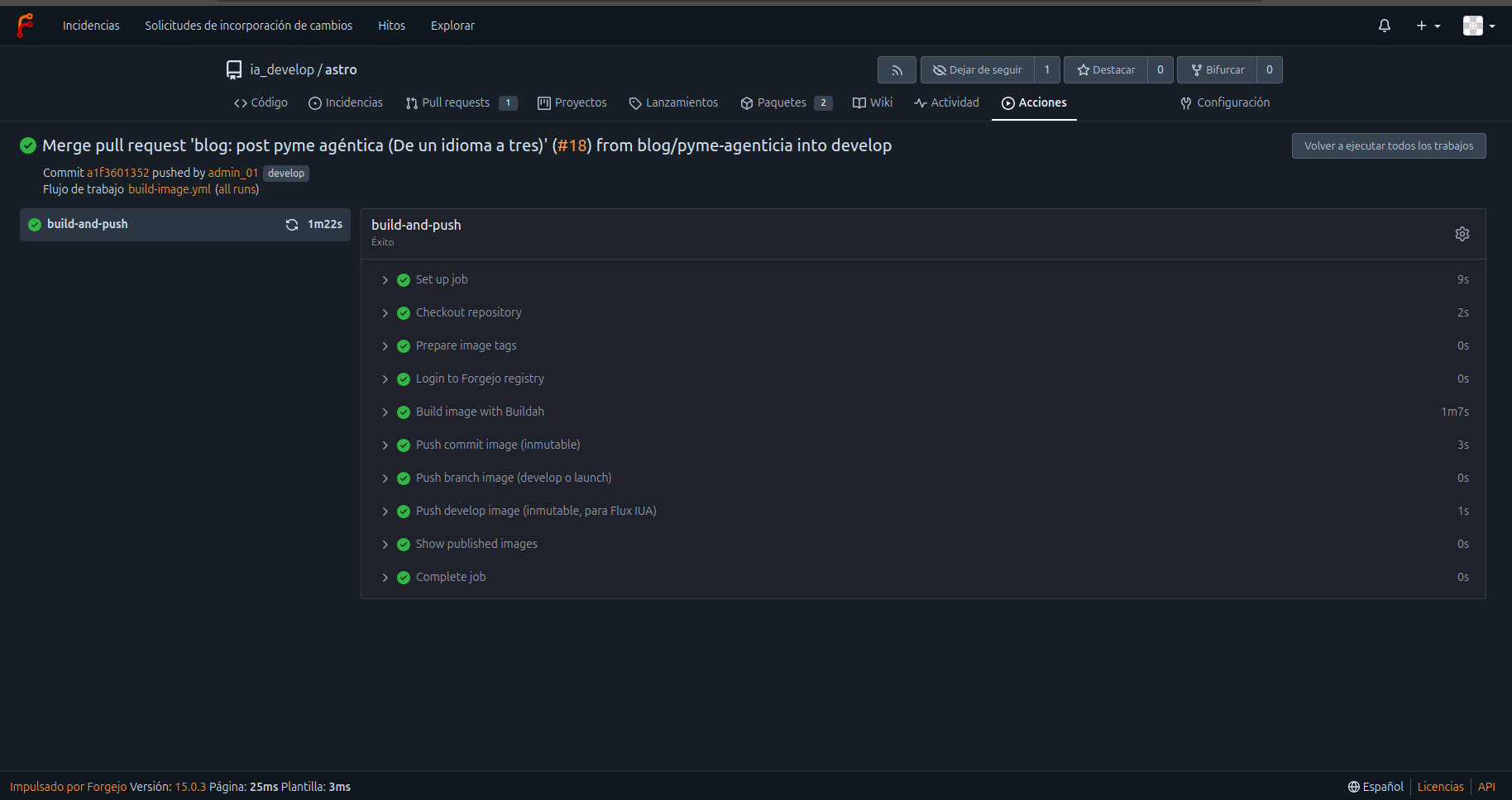 Evidencia: flujo de build en Forgejo Actions (workflow git actions en pods efímeros con KEDA)