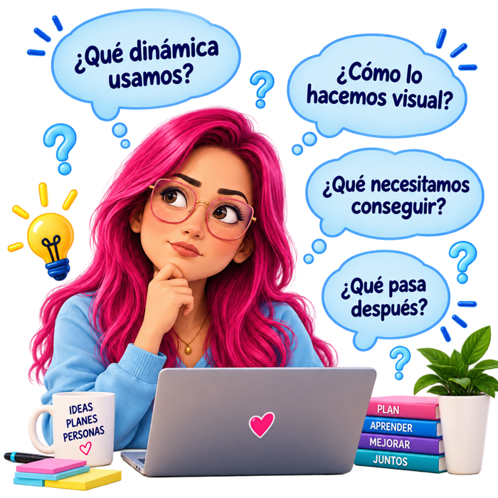 Diseñadora pensando qué dinámica usar, cómo hacer visual la retro, qué conseguir y qué pasa después
